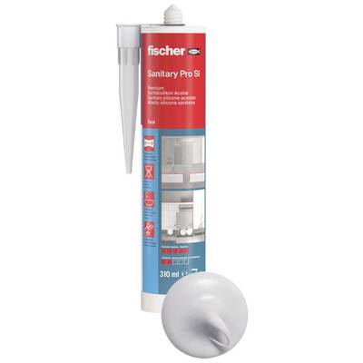 Fischer 'Sanitary Pro SI' silicone sealant cartridge, 310 ml, with nozzle and white cap.