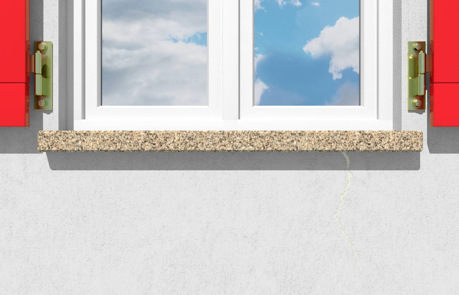 A white window overlooking a blue sky and white clouds. Red window shutters are situated on the left and right sides.