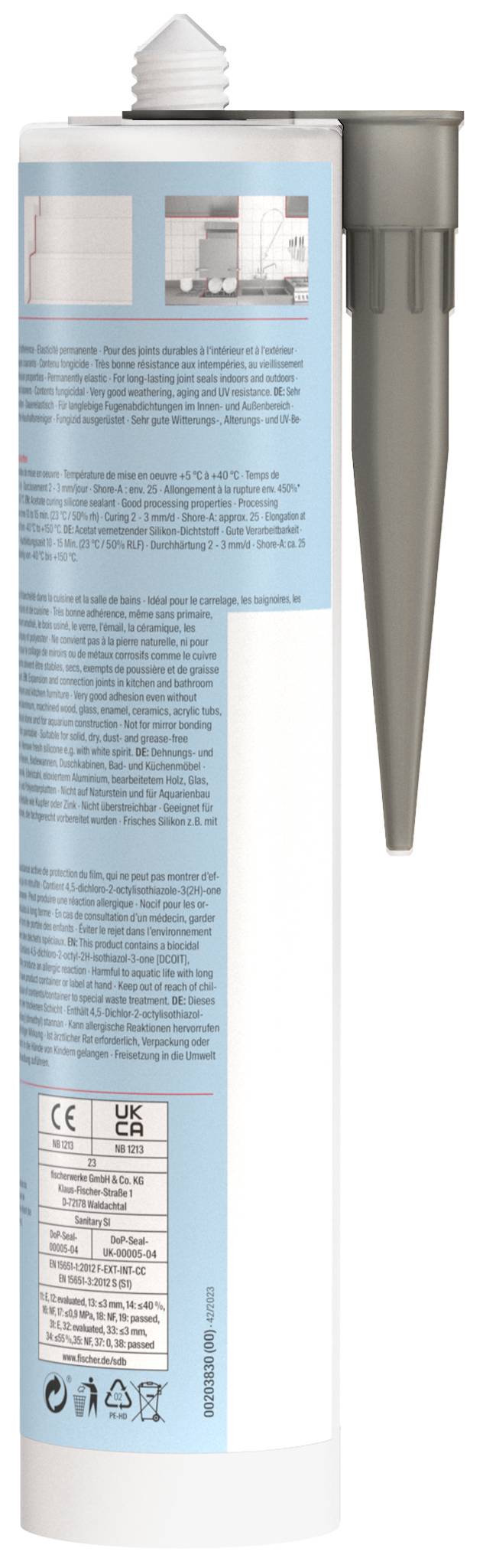 A white and gray adhesive cartridge with a long nozzle, shown upright with a blue product label and safety/recycling icons.