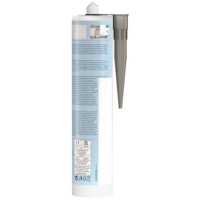 A white and gray adhesive cartridge with a long nozzle, shown upright with a blue product label and safety/recycling icons.