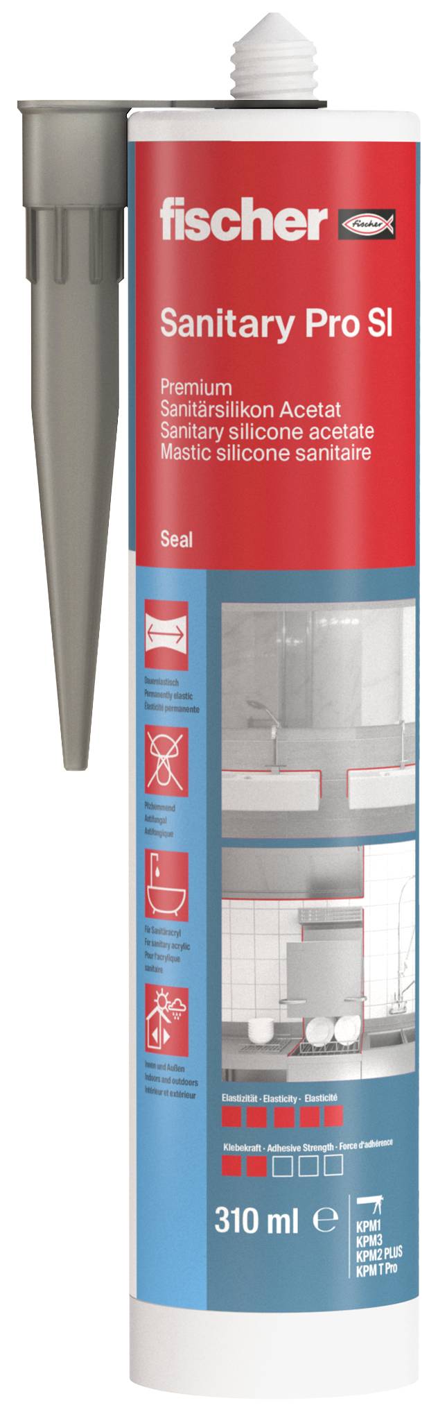 A Fischer Sanitary Pro SI sealant cartridge, red and blue label, 310 ml, with attached nozzle for sanitary silicone application.