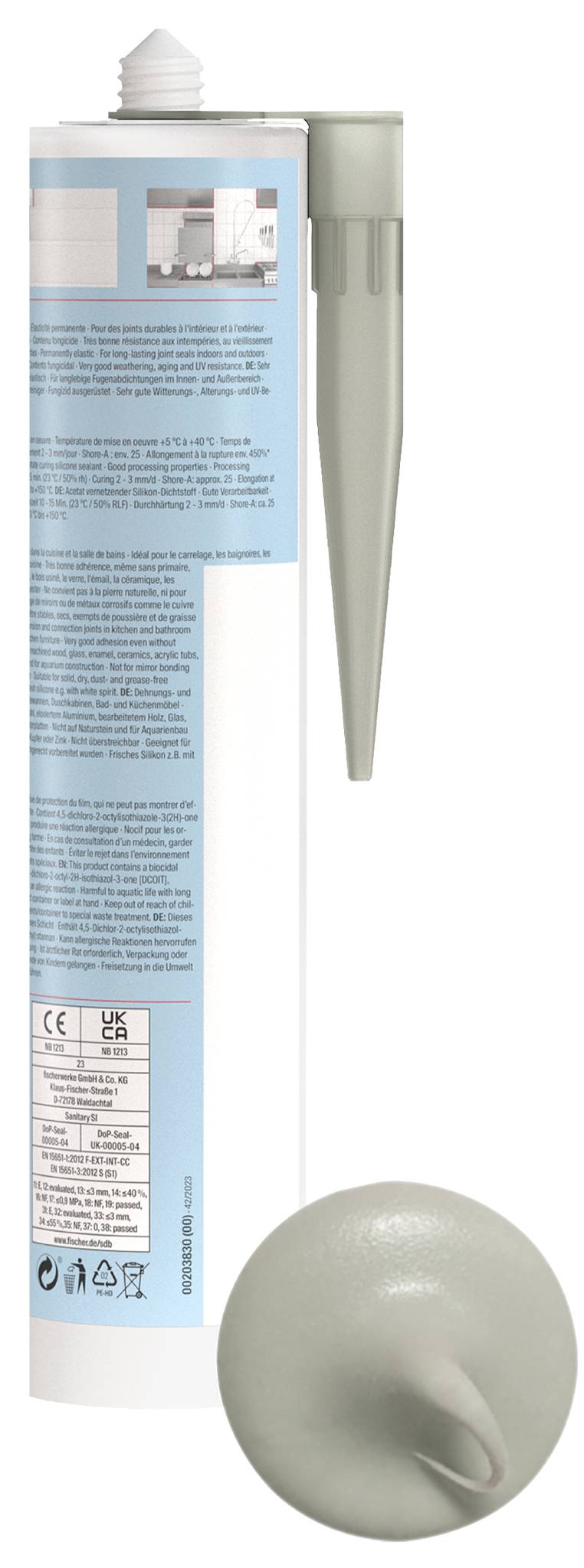 A tube of white adhesive sealant with a conical nozzle, shown beside a grey applicator cap or tip, with a small grey sample bead of the material below.