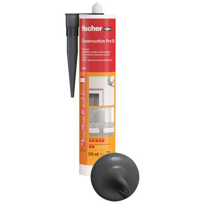 Product image of a Fischer Construction Pro sealant cartridge, 310 ml, with a black nozzle cap displayed in front.