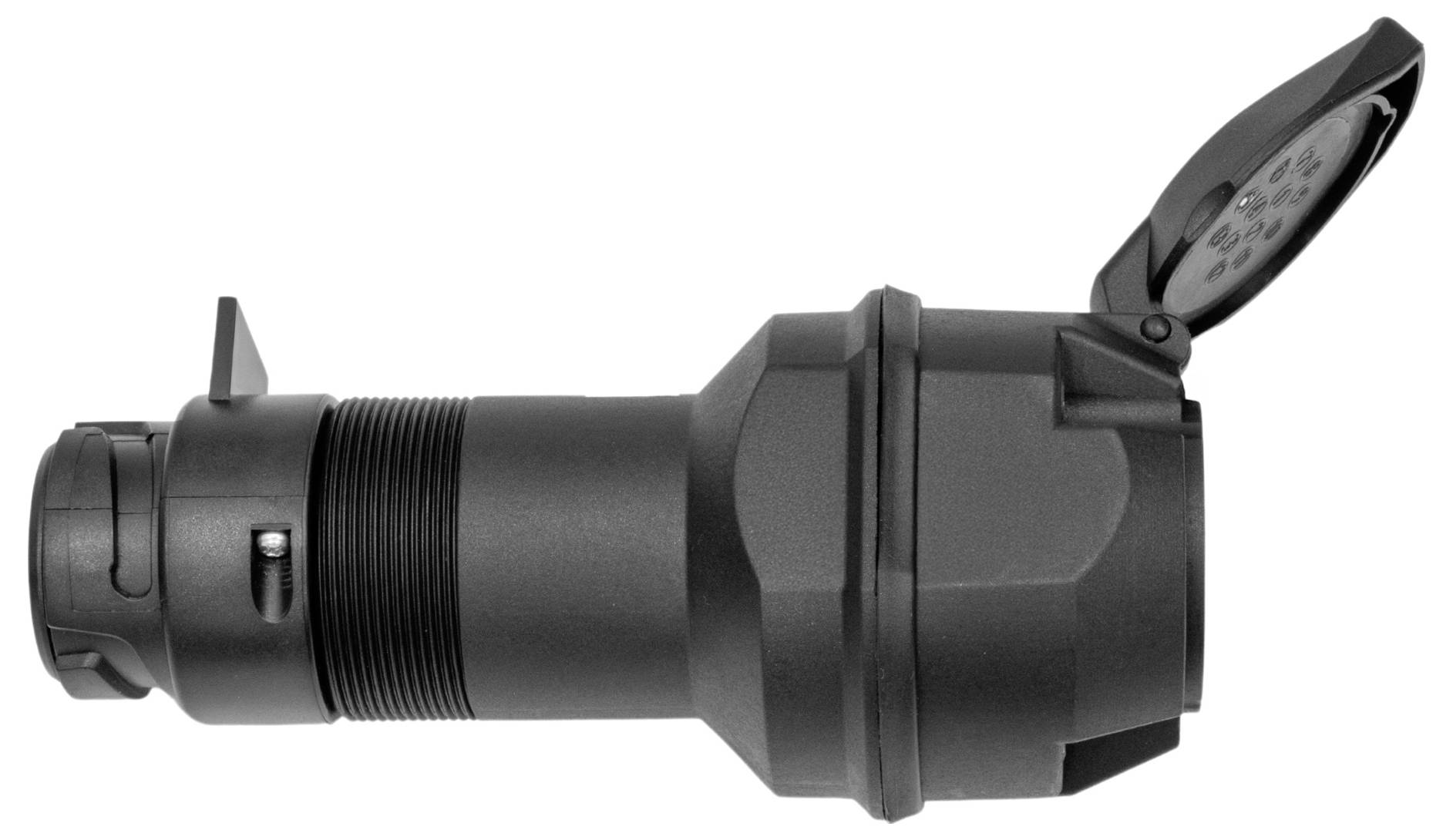 Black plastic adapter plug with an angled flip cover, side view. Suitable for electrical connections.