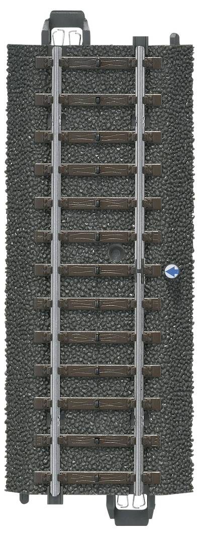 A piece of model railway track with brown sleepers and silver rails, suitable for use in model railway layouts.