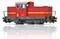 Red goods train locomotive in model format, side view.