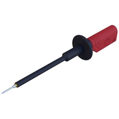Soldering iron with a red handle and black tip, used for soldering electronic components.