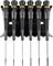 Six precision screwdrivers with black handles and differently sized tips are standing upright side by side in a holder.