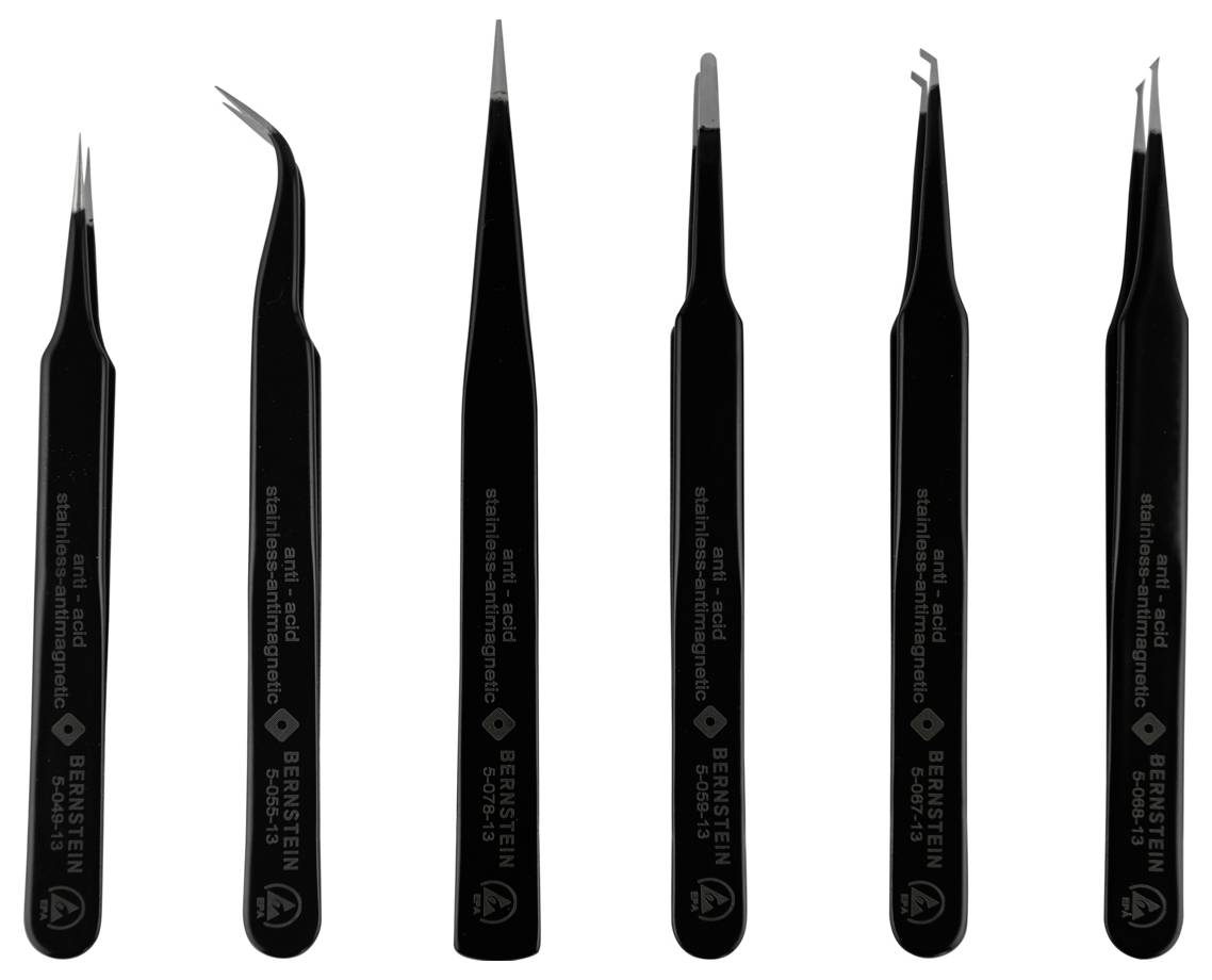 'A set of six black precision tweezers with different tips, arranged in a row, displaying various shapes designed for detailed work.'