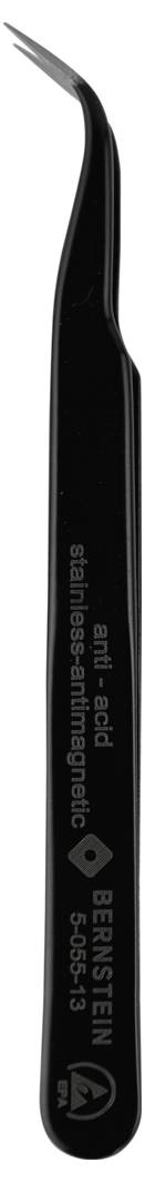 A black precision tweezer, slightly curved tip, inscribed with brand and model details; used for handling small objects with care.