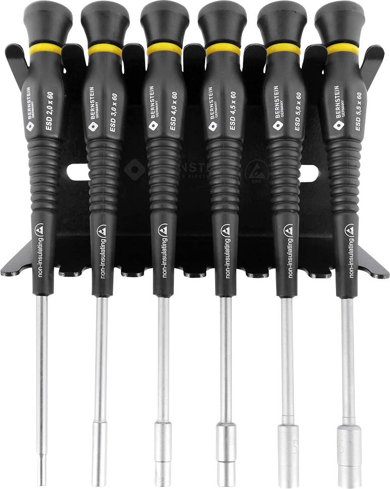 Six precision screwdrivers in a black holder, marked with different sizes ranging from ESD 0.2 to 0.5 x 3.0 mm.