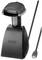 A black handheld scanner on a charging dock with a USB connection cable.