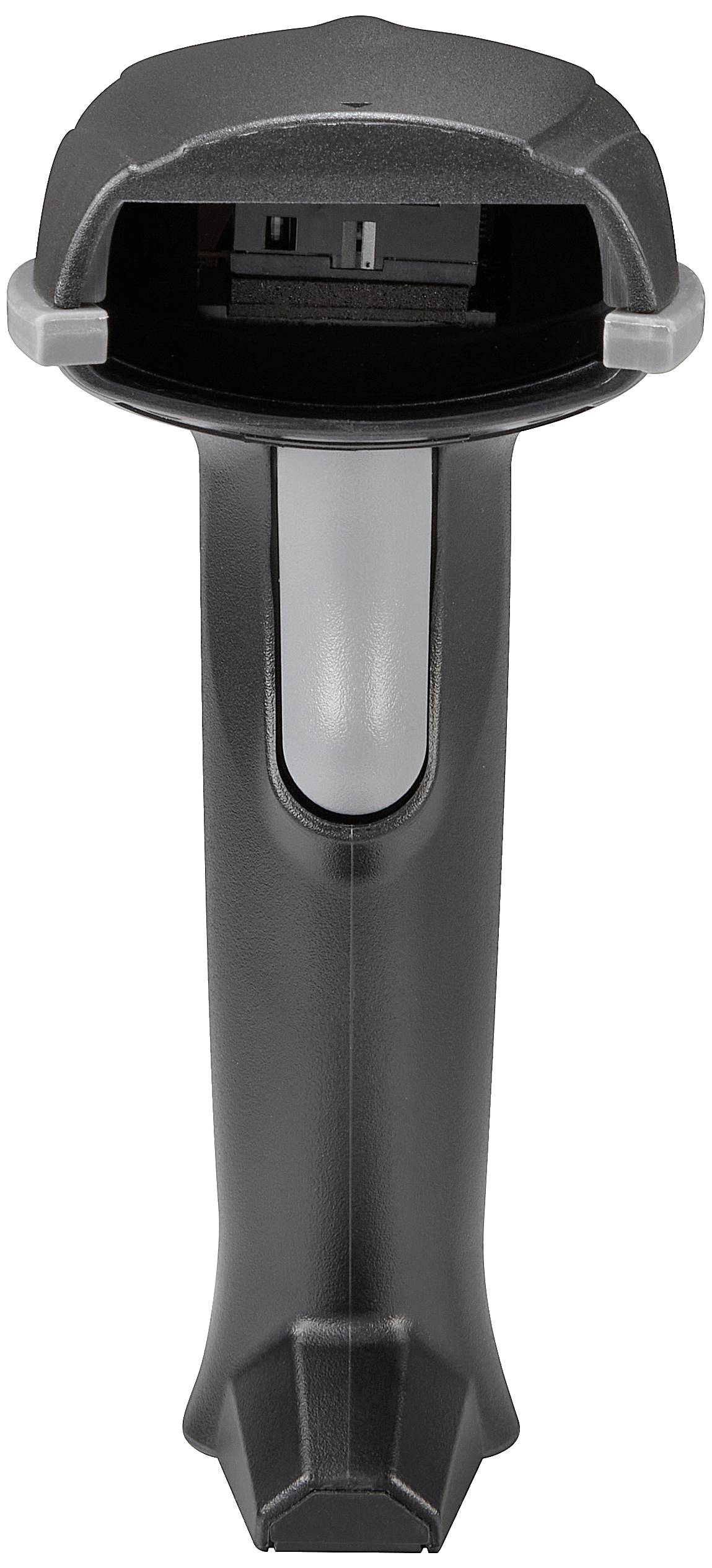 A black scanner with an ergonomic handle, photographed from the front. Suitable for scanning barcodes in sales or warehouse environments.