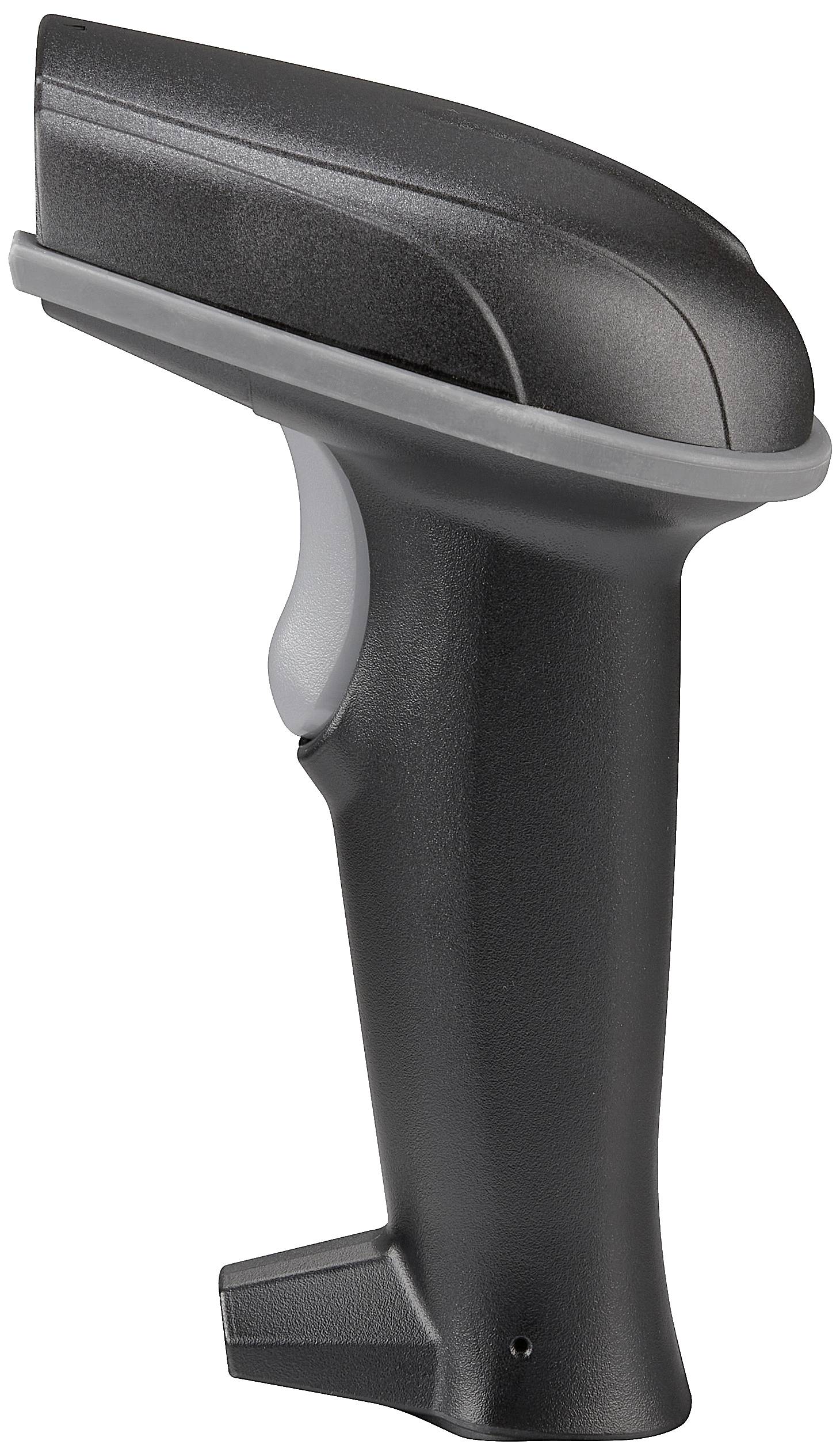 A black plastic handheld scanner, side view, with an ergonomically designed handle and a trigger release.