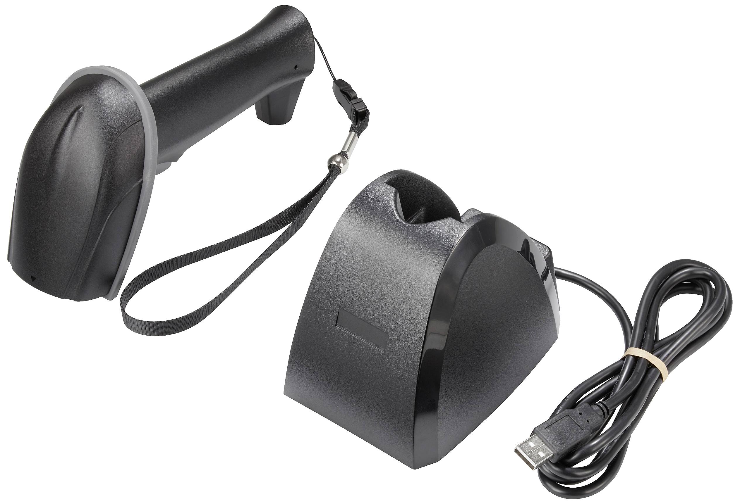 Wireless barcode scanner with base station and USB cable; suitable for rapid barcode scanning in warehouse or retail environments.