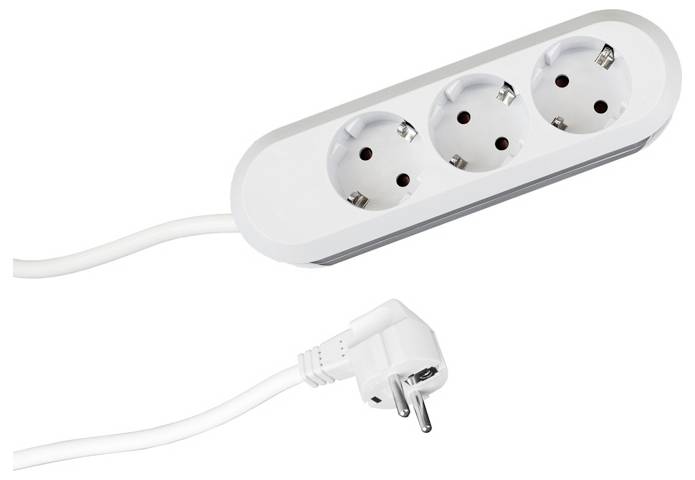 A white power strip with three European-style sockets and a plug attached by a cord is shown.