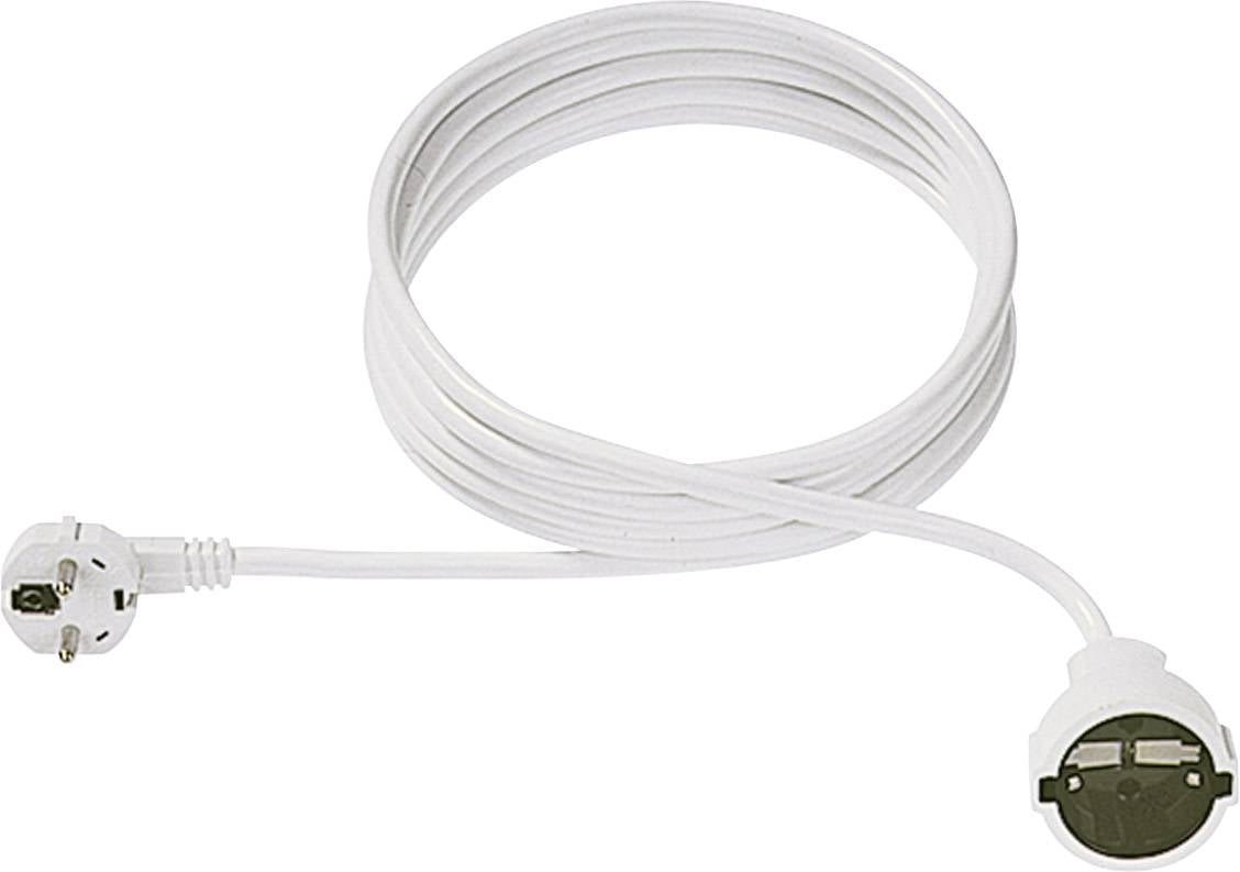 White extension lead, coiled, with European plug and socket. Suitable for indoor use.