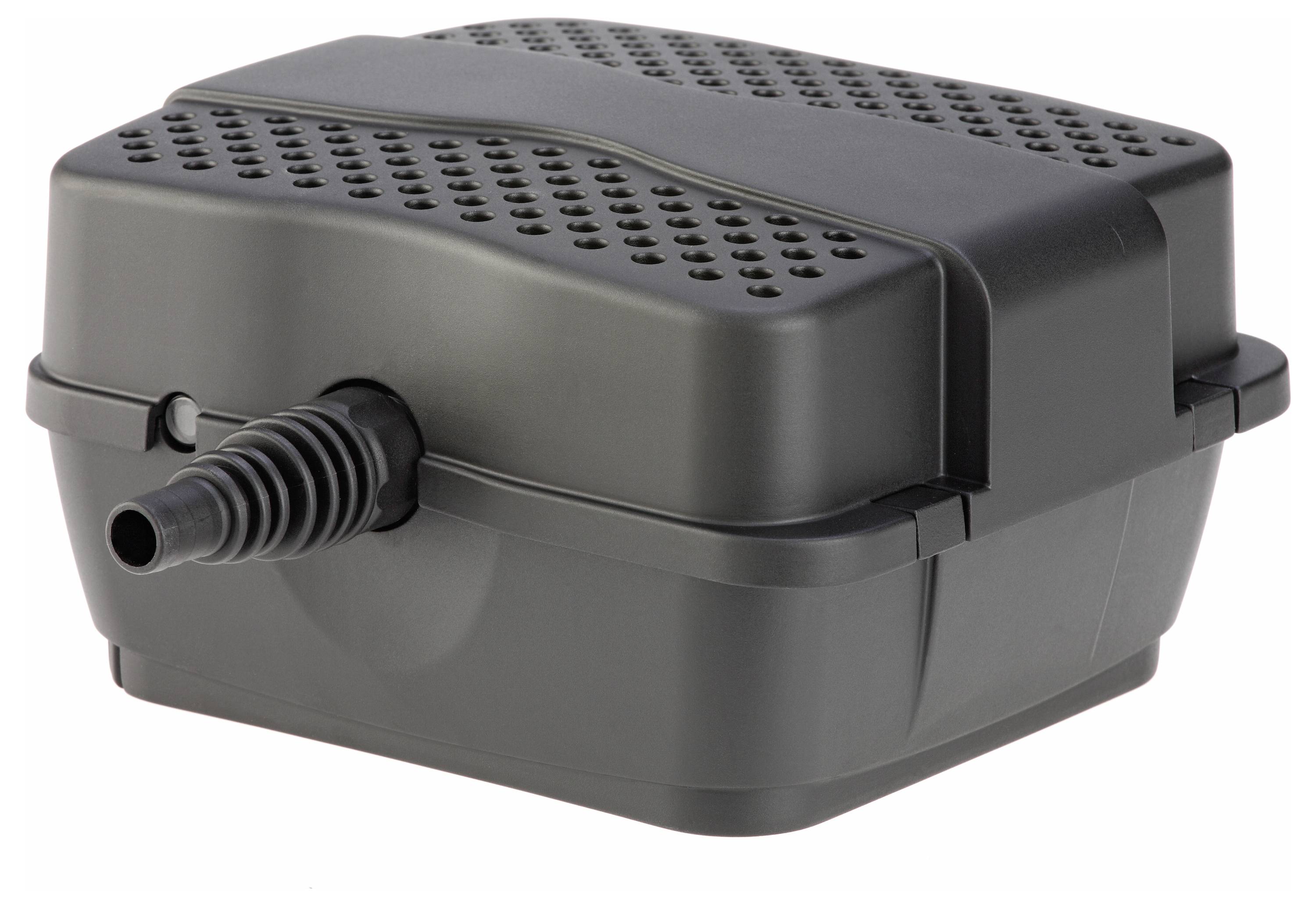 A black electric air pump with a vented top and a nozzle on the side, used for inflating air mattresses or inflatable toys.