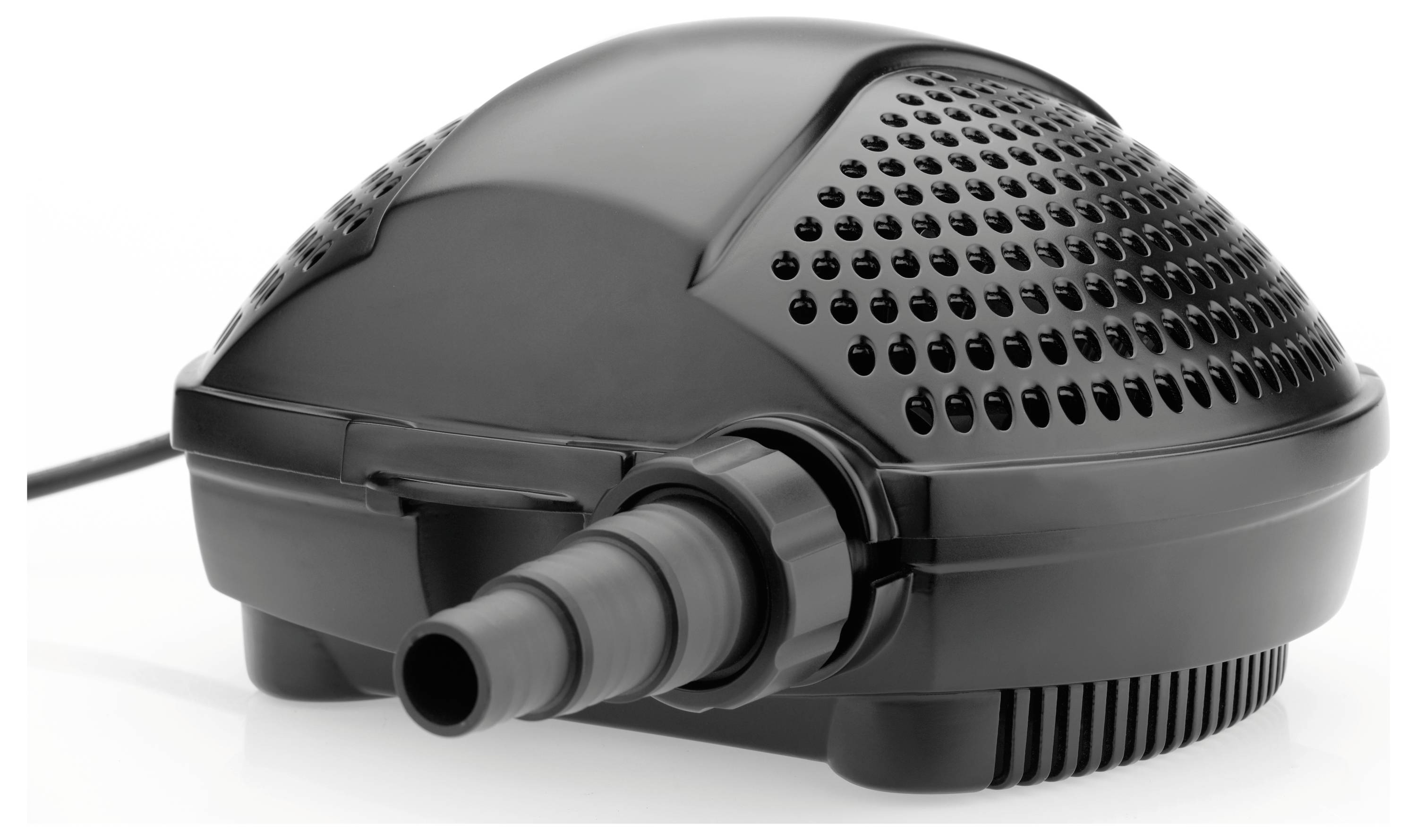 A black dome-shaped pump with ventilation holes, featuring a hose connection on the side.