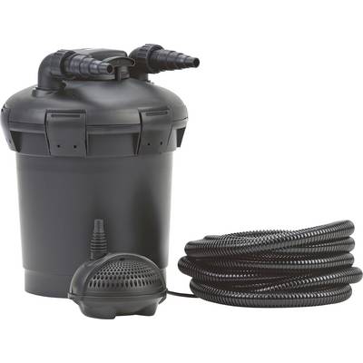 'A black pond filter with hoses for water filtration; compact design suitable for outdoor use.'