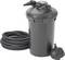Black cylindrical canister filter with attached hoses, used for aquarium or pond water filtration.