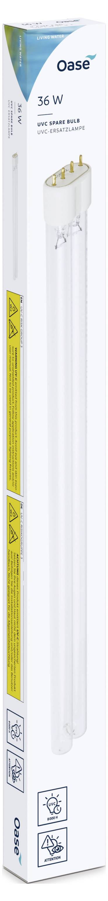 A white box containing a 16W UVC lamp, designed for water purification systems. The package includes product warnings and safety icons.