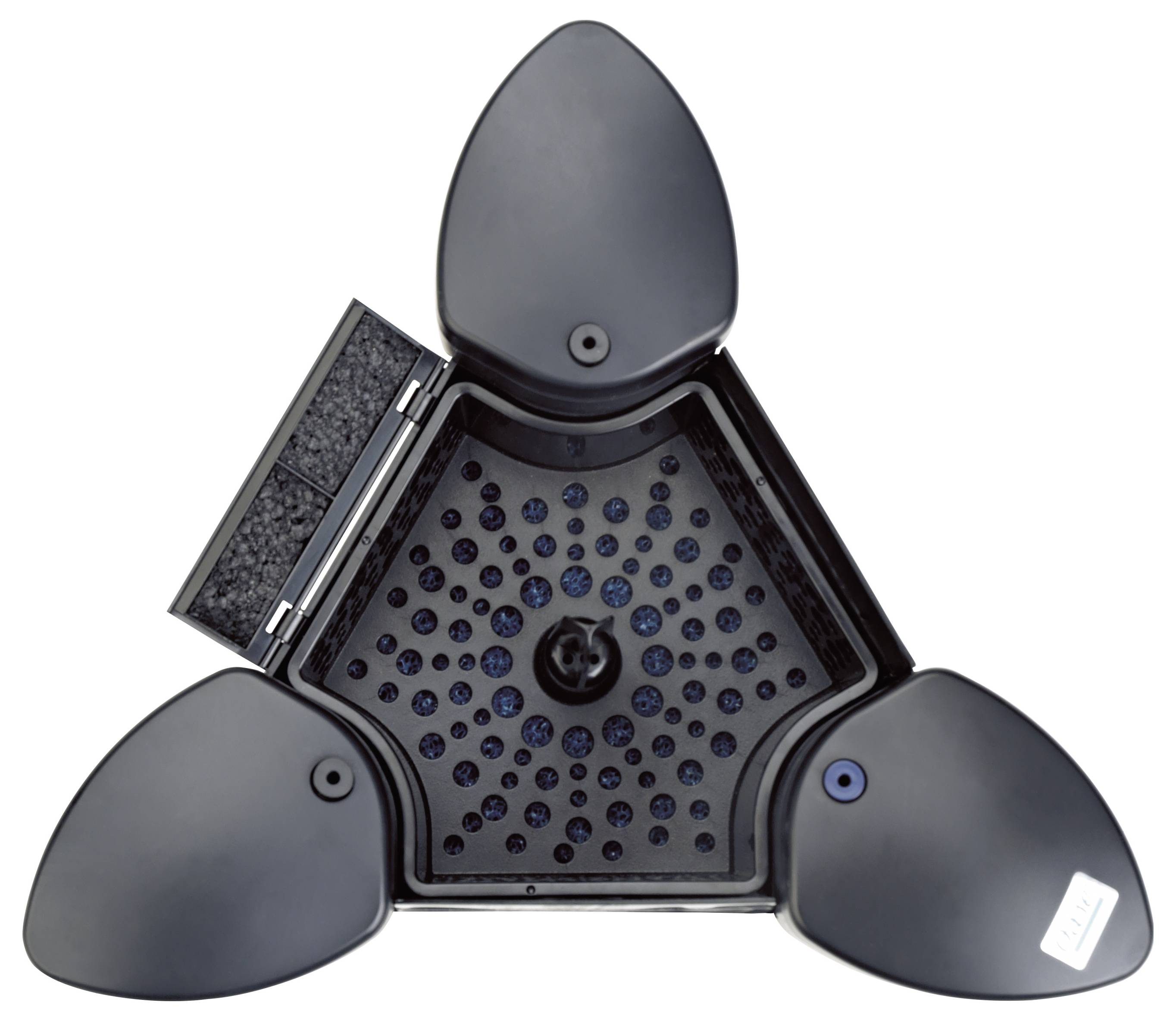 A black, triangular device with perforated sections and small compartments, likely used for filtration or separation purposes.