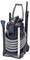 'A black and gray industrial vacuum cleaner with a coiled hose and various attachments stored on a wheeled base.'
