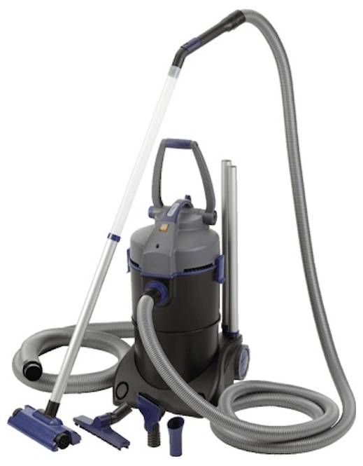 A wet and dry vacuum cleaner with multiple attachments, featuring a long hose and a handle, suitable for home or industrial cleaning tasks.