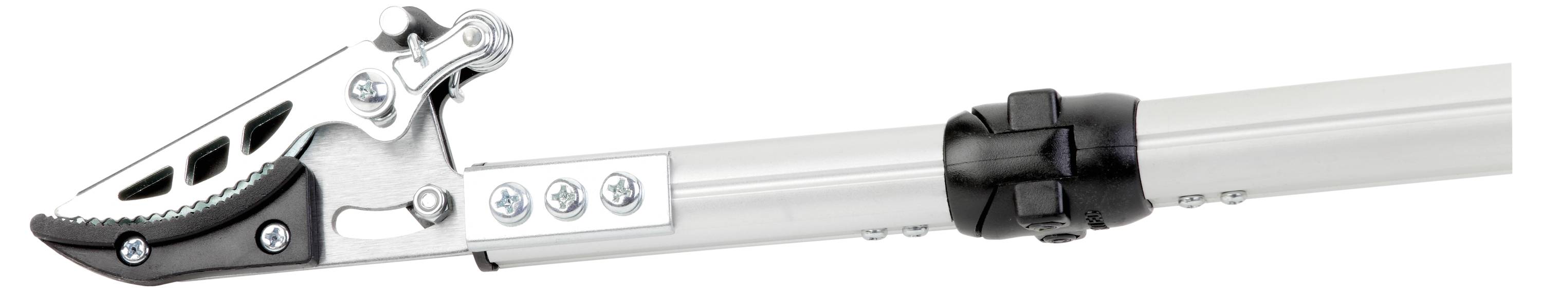 Pruning shear head attached to a telescopic pole, designed for gardening and cutting high branches.