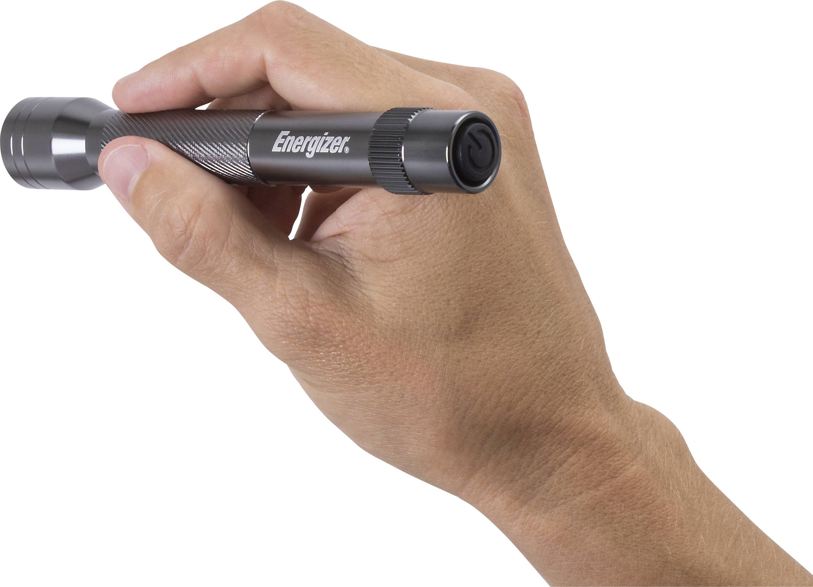 A hand is holding a small, black Energizer pocket torch.<br><br>Note: In British English, "torch" is used instead of the American "flashlight", and the description uses British English spelling and phrasing while maintaining the original meaning.