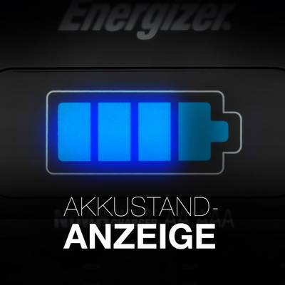 A digital display shows a full blue progress bar with the words 'Battery Level' underneath. In the background is the text 'Energizer'.