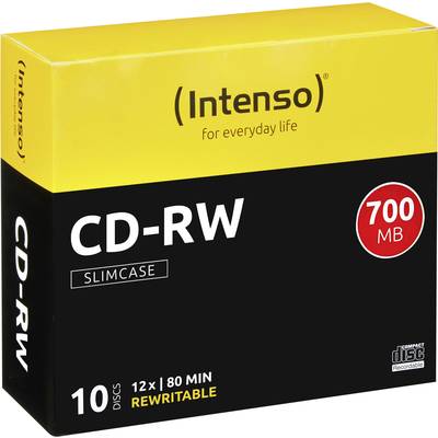 'Intenso CD-RW Slim Case' packaging with 10 rewritable CDs, 700 MB capacity, for 12x speed and 80 minutes of recordings.