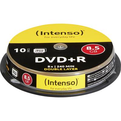 A pack of ten Intenso DVD+R discs, dual-layer, each with a capacity of 8.5 GB and a write speed of 8x.