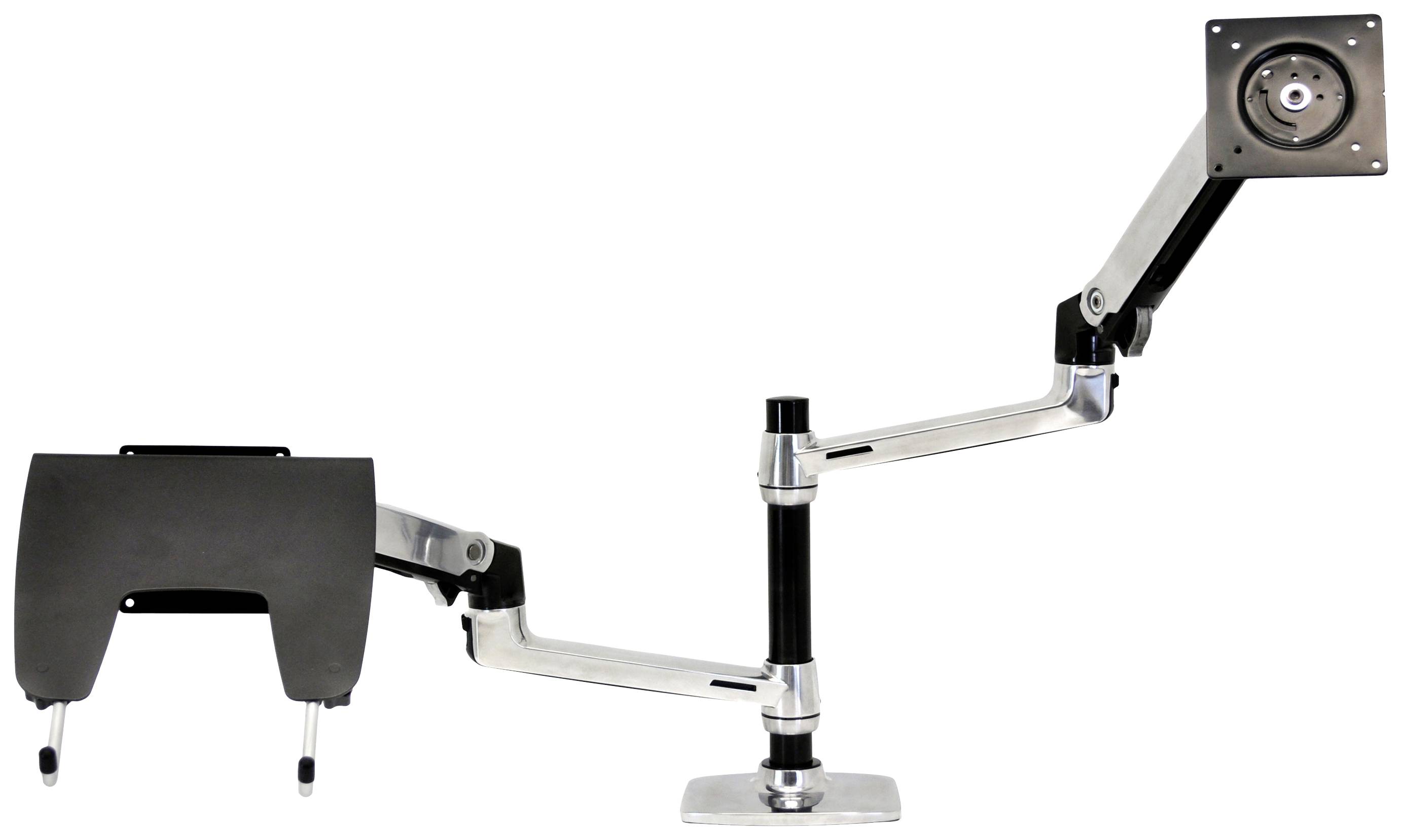 An adjustable monitor arm with multiple joints, suitable for mounting on a desk, for flexible positioning of monitors.