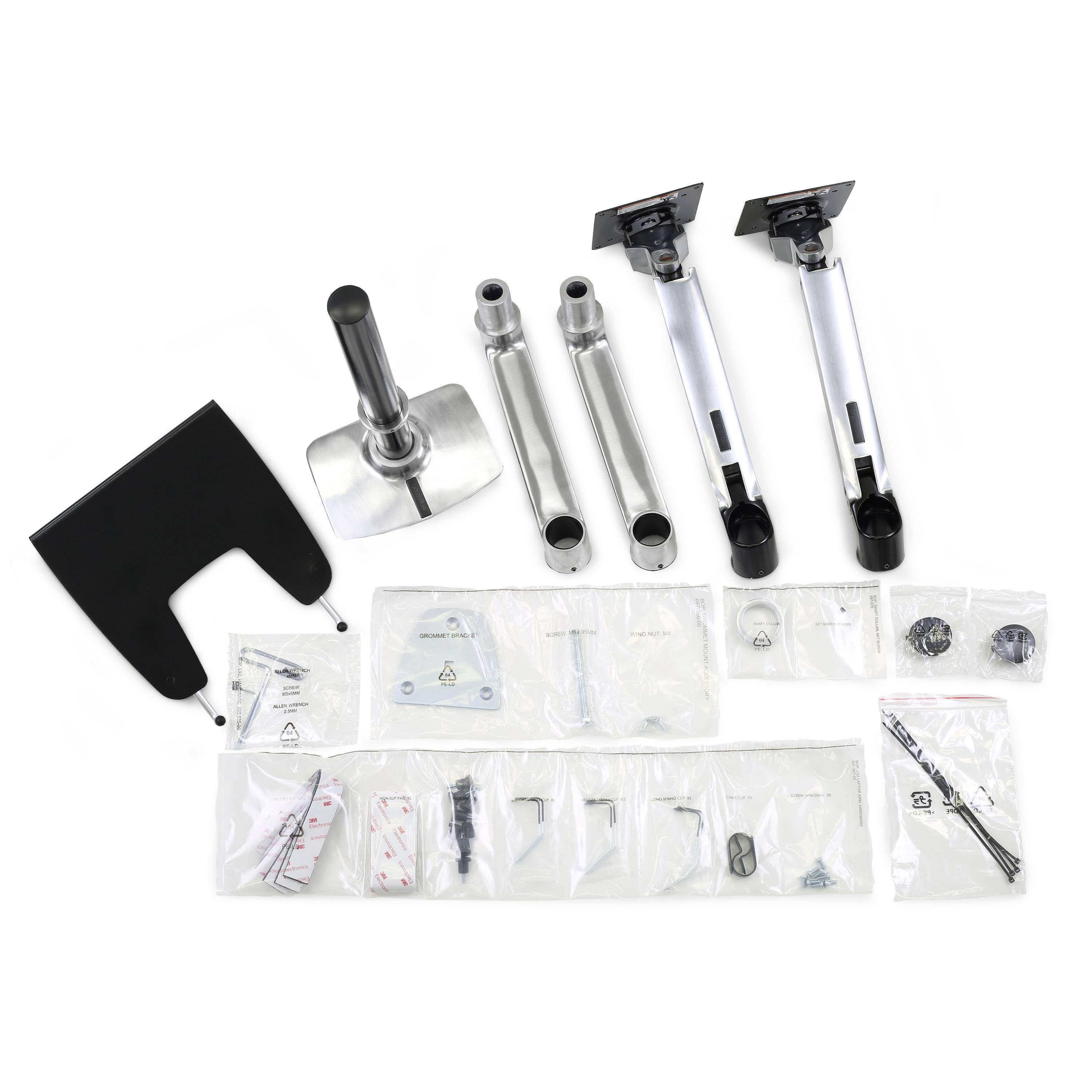 TV screen mounting stand kit, consisting of metal components, screws and mounting hardware, packaged in plastic sleeves.