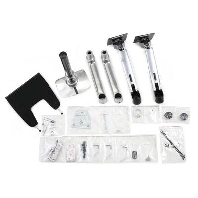 TV screen mounting stand kit, consisting of metal components, screws and mounting hardware, packaged in plastic sleeves.