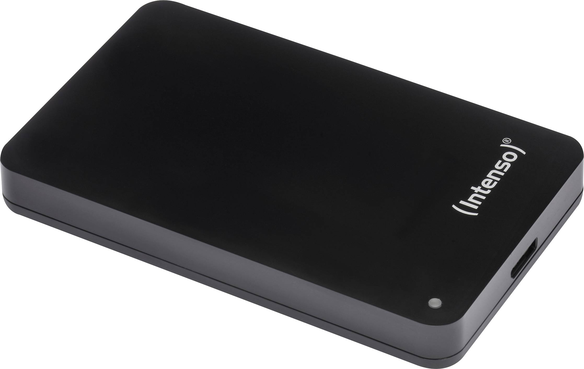 A black rectangular external hard drive with the brand 'Intenso' on its surface, featuring a small indicator light and USB port.