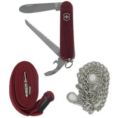 Red multi-functional penknife with open blades, red cord and silver chain with carabiner hook against a white background.
