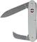 Swiss Army knife with a silver handle and two unfolded blades, one larger and one smaller. Blades made of stainless steel.