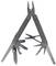 A multi-tool with pliers, saw, scissors and other tools, opened in a V-shape, visible.