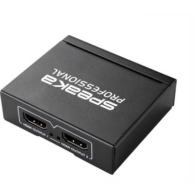 Black HDMI splitter with two HDMI outputs, marked with 'Speaka Professional'. Device for distributing video signals.