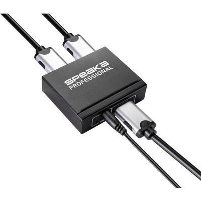 A black distribution box with the inscription 'SPEAKA PROFESSIONAL', to which several cables are connected.