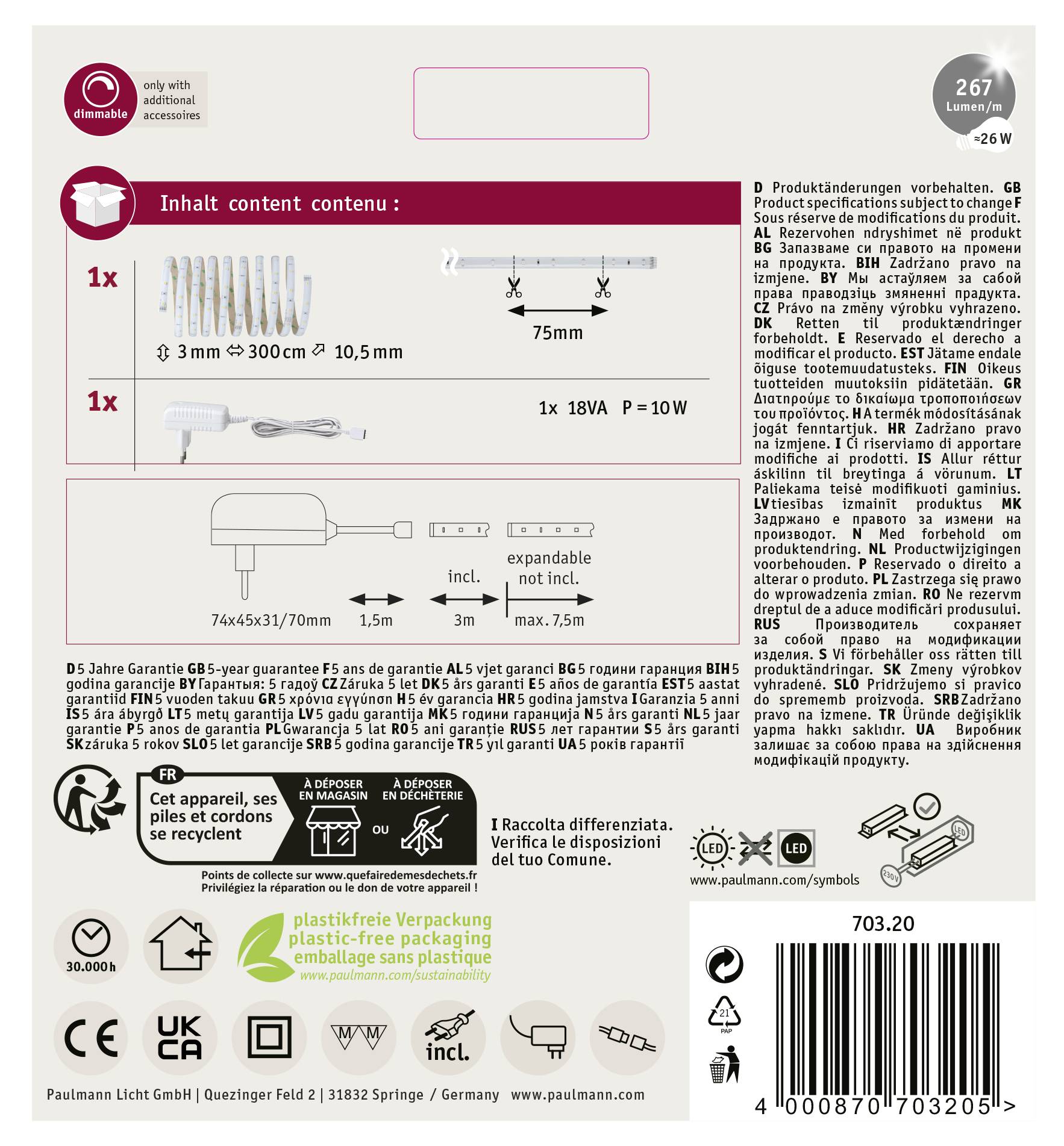 'Paulmann Plug & Shine' Product Packaging. Contains a power supply unit, LED strip and accessories with specifications, safety and environmental information.