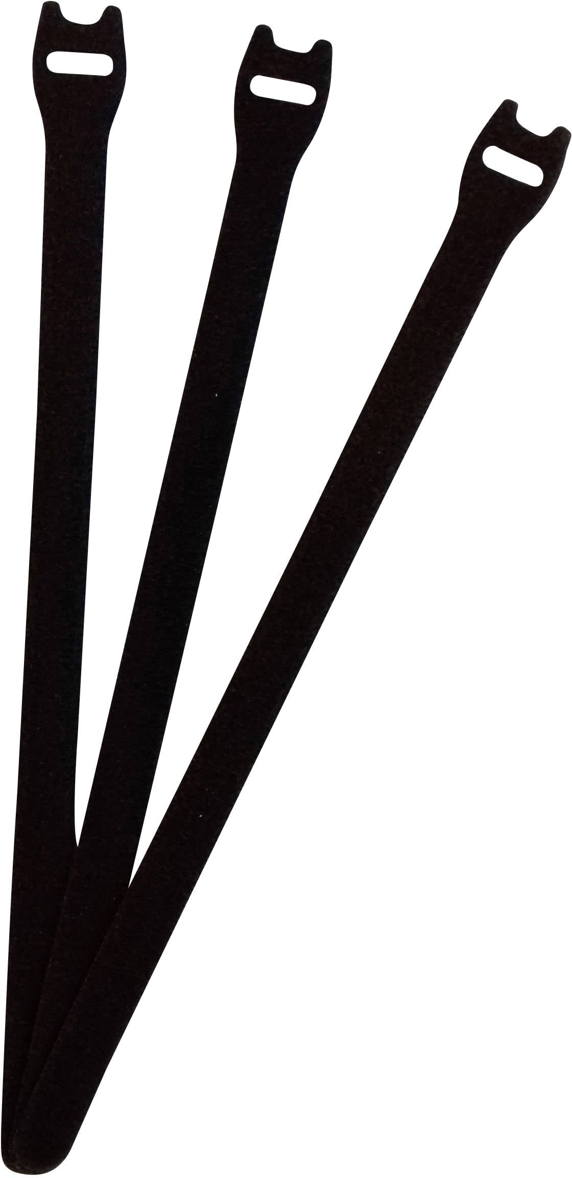 'Three black cable ties arranged in a slightly fanned-out configuration.'