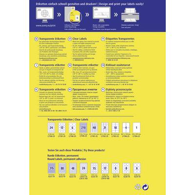 'Design and print labels quickly and easily!' Description of several types of transparent labels with product numbers and size specifications.
