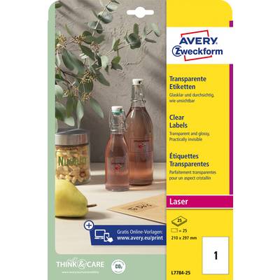A packaging from Avery Zweckform with transparent labels for glass, with pasta, a pear, and bottles visible in the background.