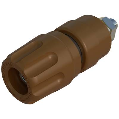 Brown plastic nozzle with metallic connector. Designed for regulating water flow in irrigation systems.