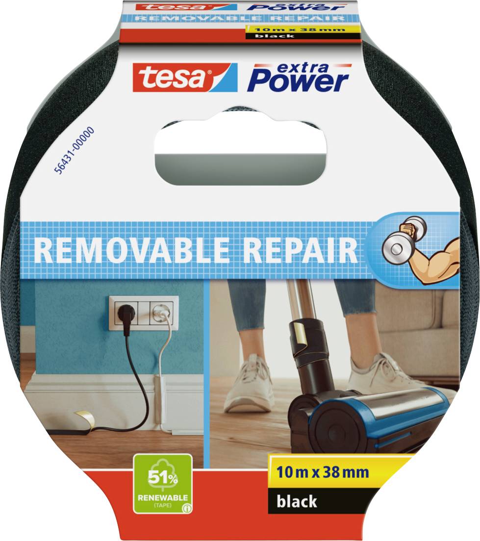 Package of 'tesa extra Power' removable repair tape, black, 10m x 38mm. Image shows tape used in home repairs on wall and floor.