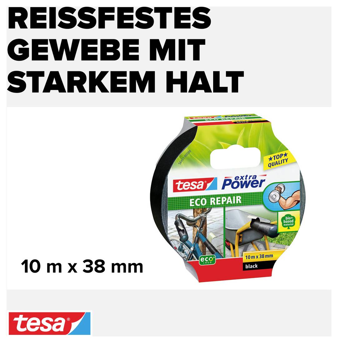 'Product packaging for tesa extra Power Eco Repair Adhesive Tape, 10 m x 38 mm. Tear-resistant fabric with strong adhesion.'